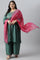 Plus Size Dark Green Embroidered kurta With Parallel Pants And Pink Printed Dupatta