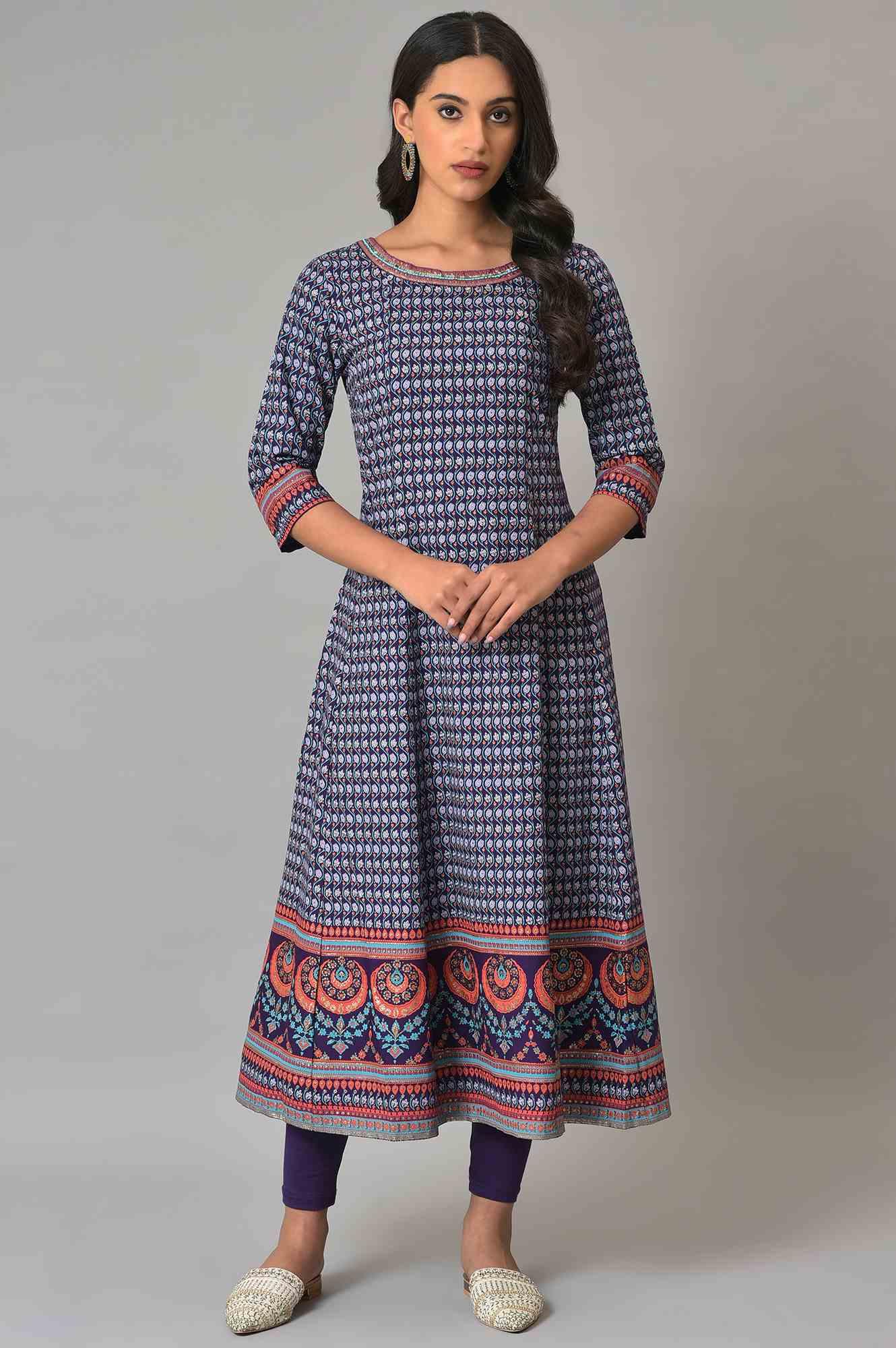 Purple Printed Kalidar kurta With Tights