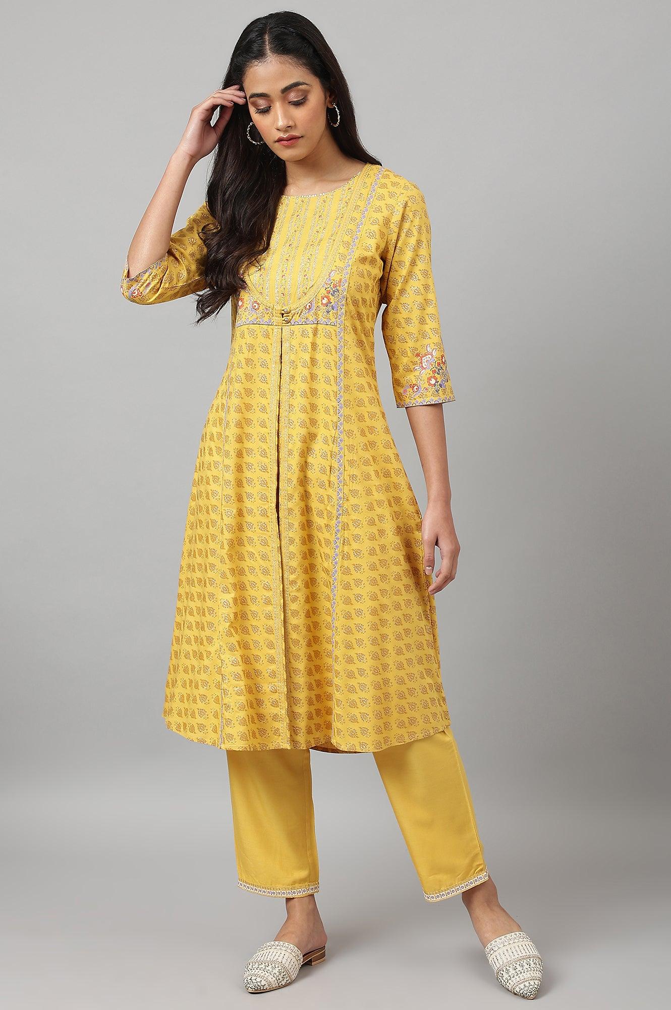 Yellow Glitter Printed Mock Layer kurta With Straight Pants