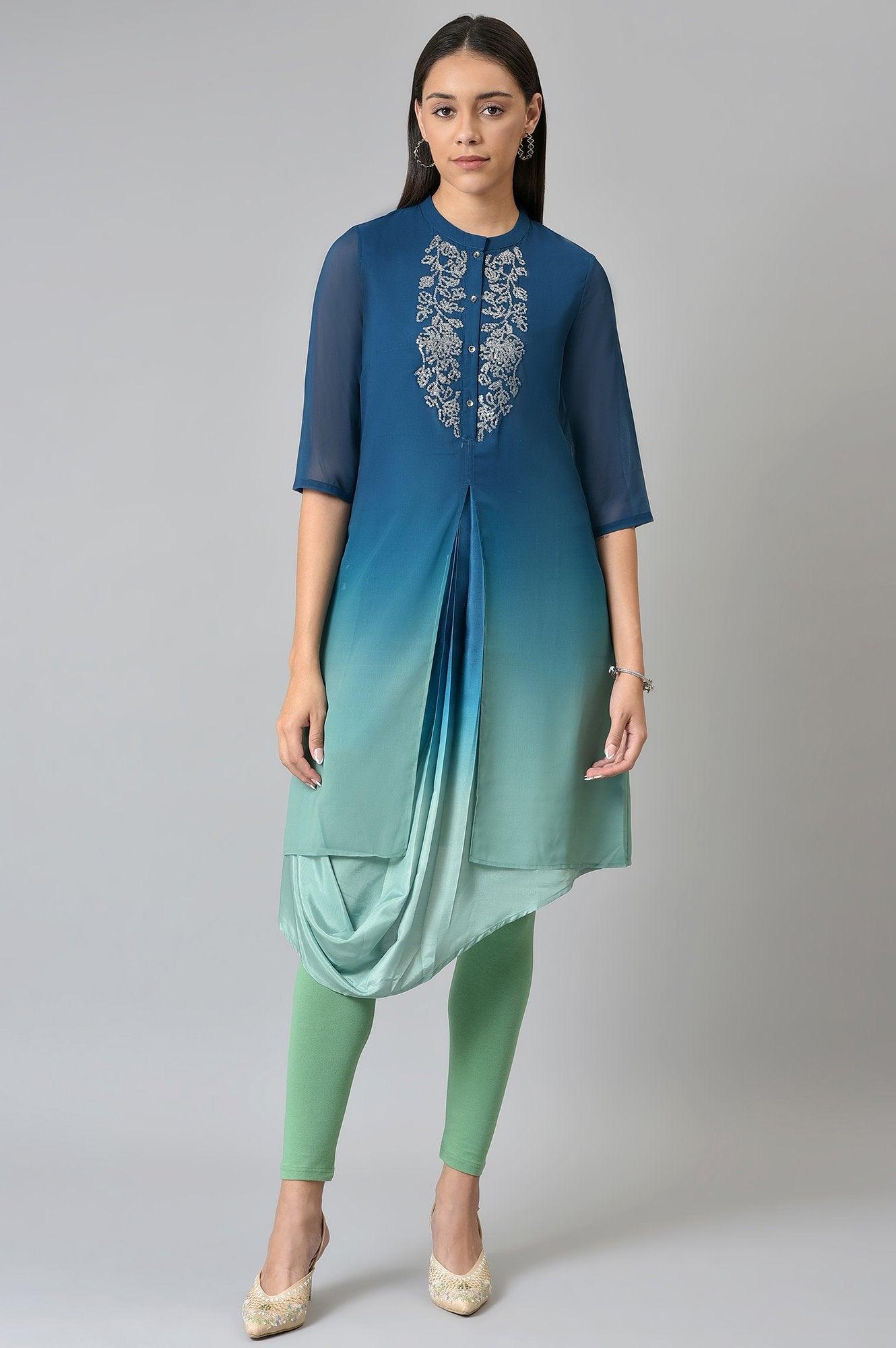 Dark Blue Ombre Cowl kurta With Tights