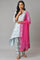 Light Blue Paisley Print High-Low kurta With Draped Pants And Pink Dupatta