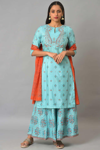 Blue Glitter Printed kurta And Culottes With Red Dupatta