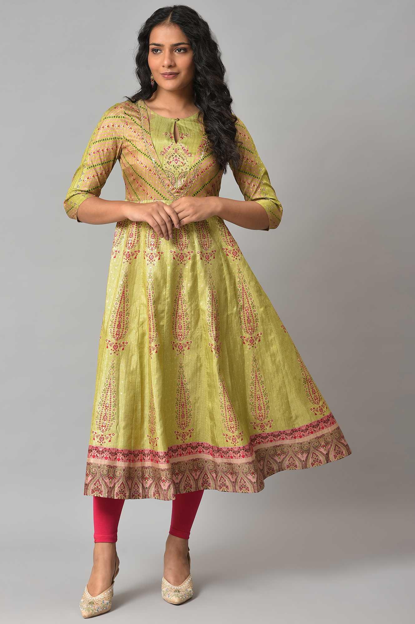 Light Green Karnataka Silk kurta With Dark Pink Tights