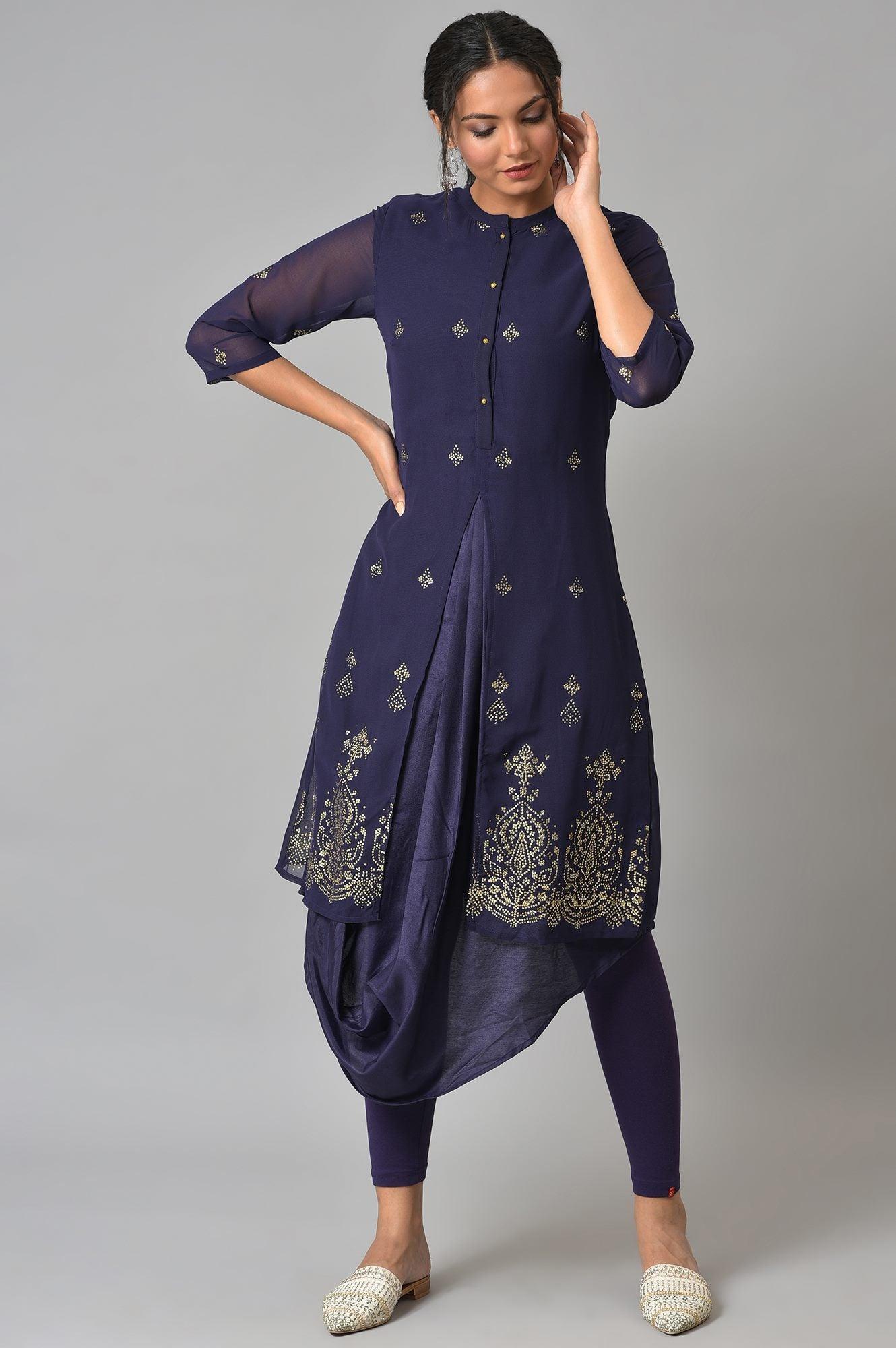 Grape Purple Cowled Hemline kurta With Tights