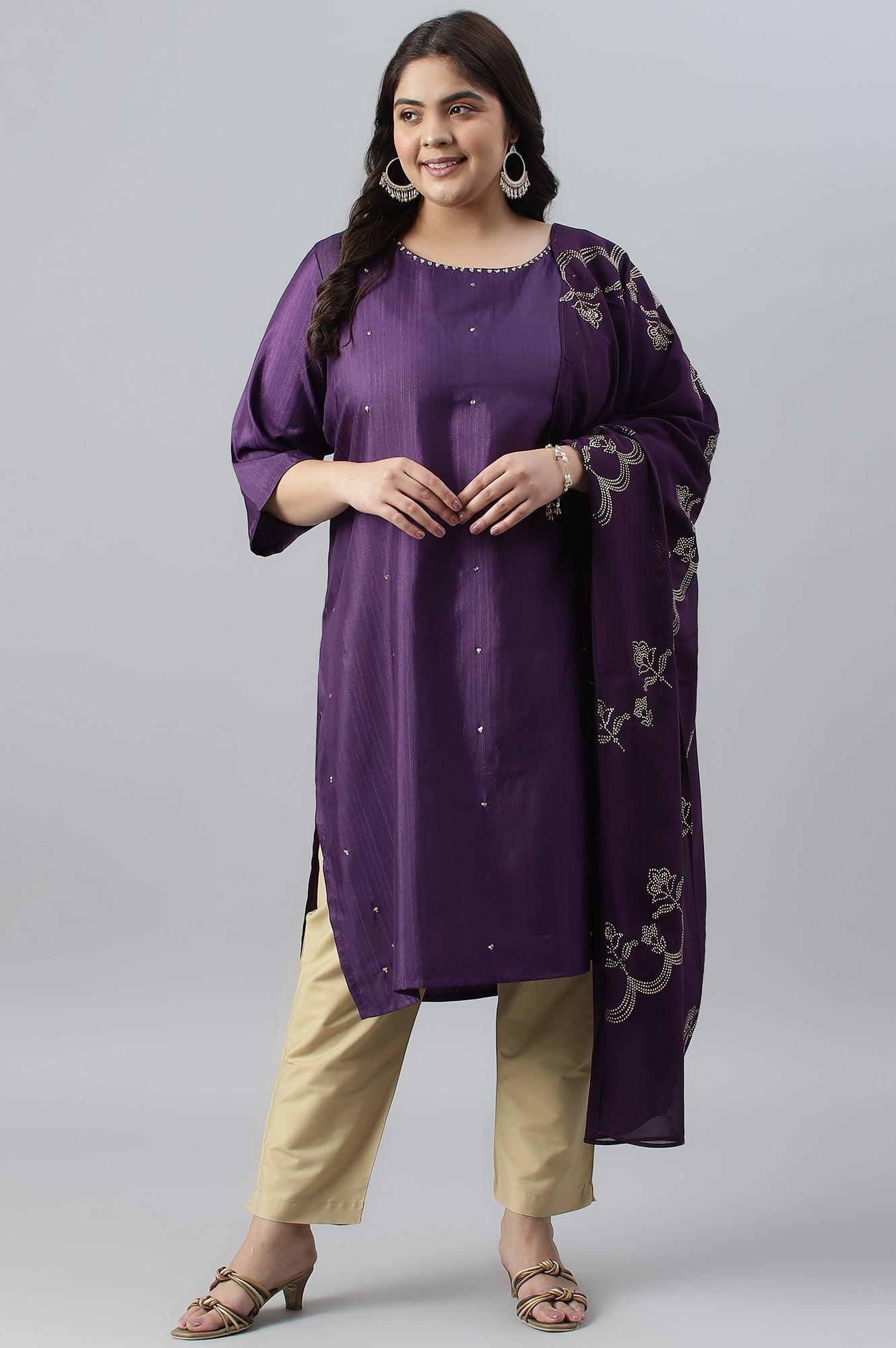 Pdeep Purple Karnatka Silk Plus Size kurta With Green Slim Pants And Mukaish Dupatta