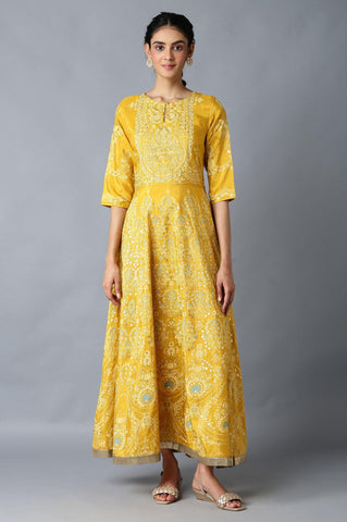 Golden Orange Floral Print Indie Dress