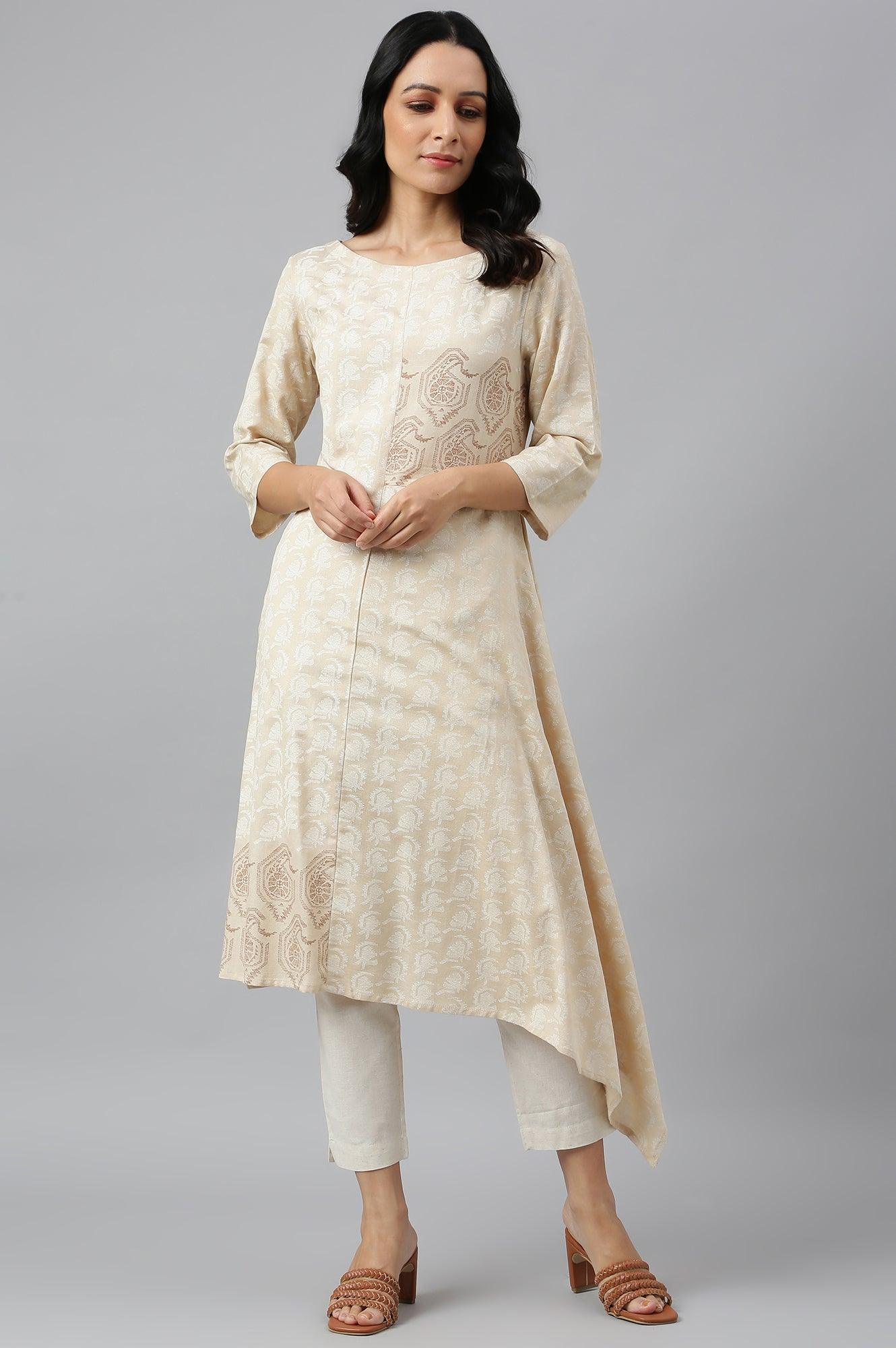 Beige Asymmetric Paisley Print kurta In Boat Neck