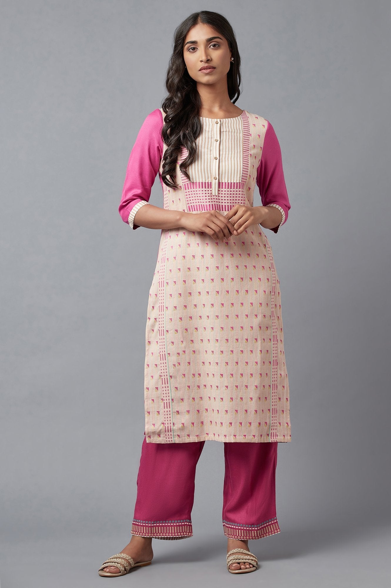 Light Pink Cotton Dobby kurta In Round Neck