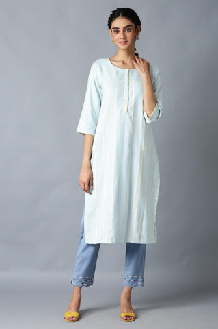 Light Blue Yarn-Dyed kurta In Round Neck