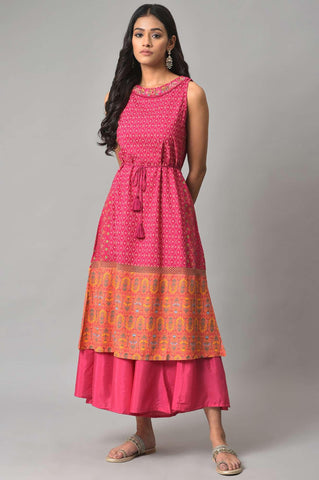 Dark Pink Sleeveless A-Line Dress With Embroidery