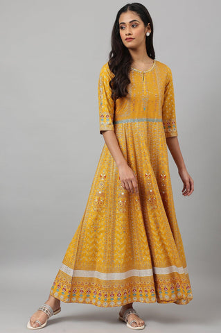 Mustard Floral Printed Kalidar Dress