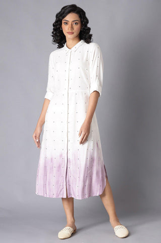 Ecru And Lavender A-Line Long Shirt Dress