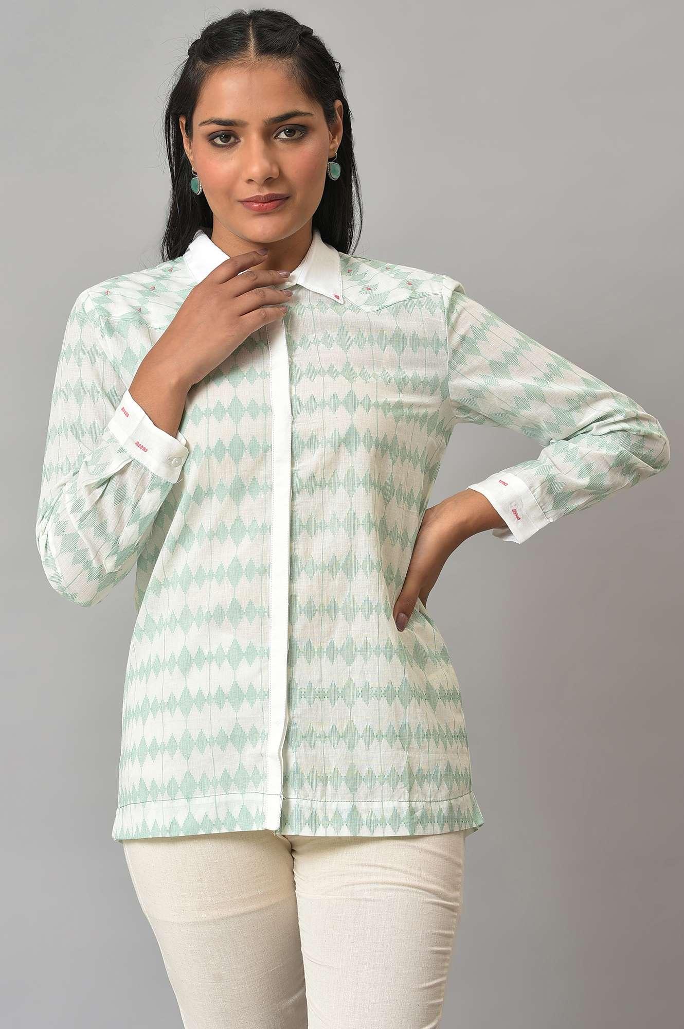 White And Green Dobby Textured Shirt