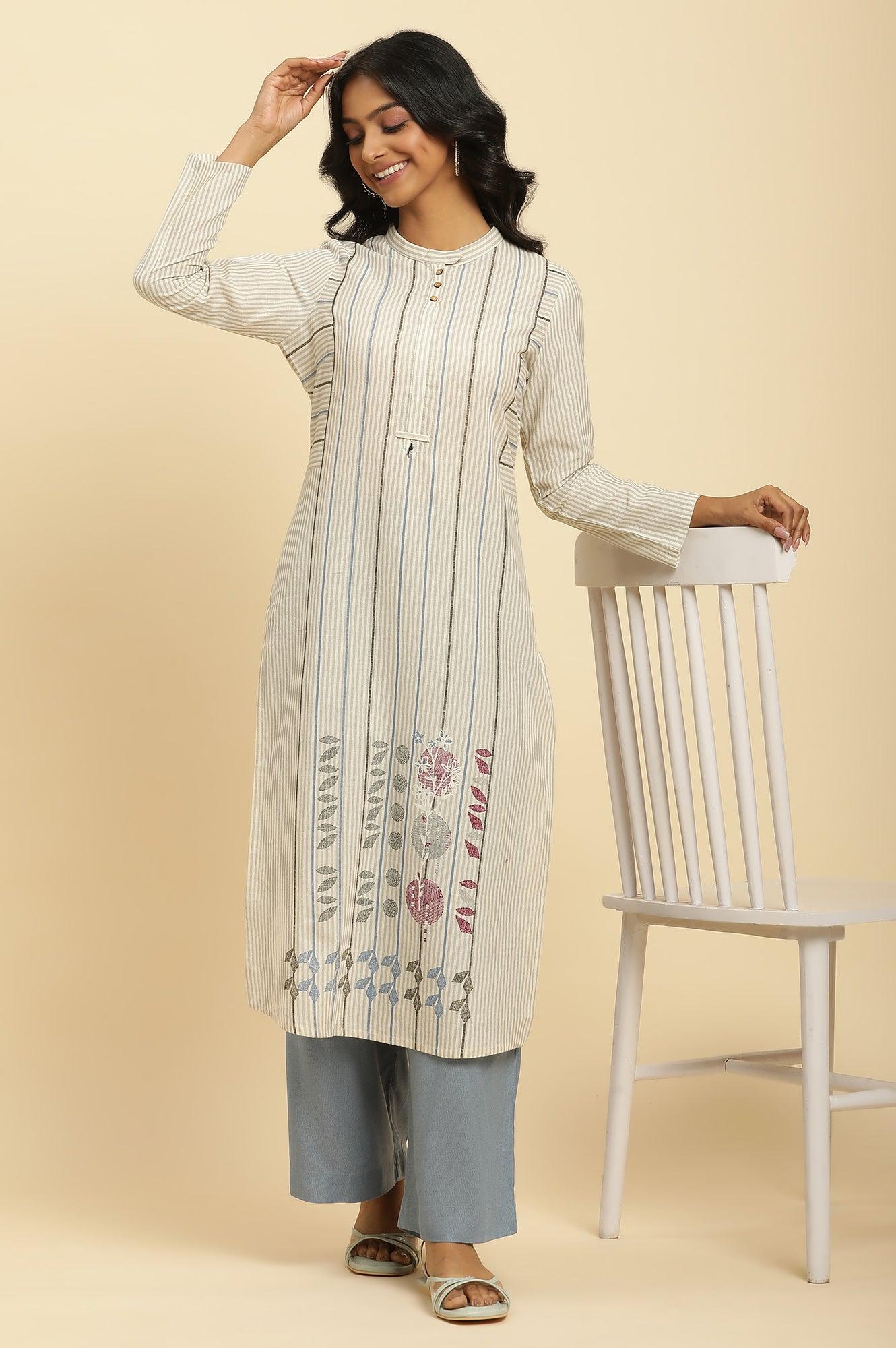 Ecru Printed Kurta With Blue Denim Parallel Pants