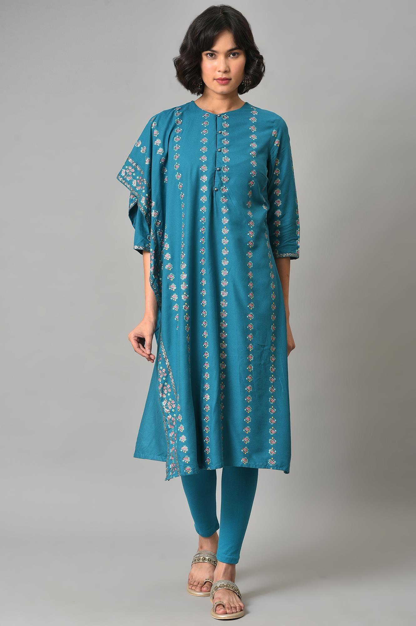 Teal Blue Saree Style kurta With Tights