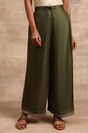 Olive Green Solid Parallel Pants