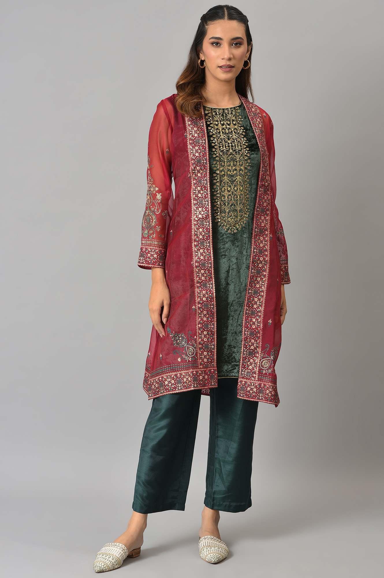 Red Organza Jacket With Green Mettalic Embroidered kurta And Pants