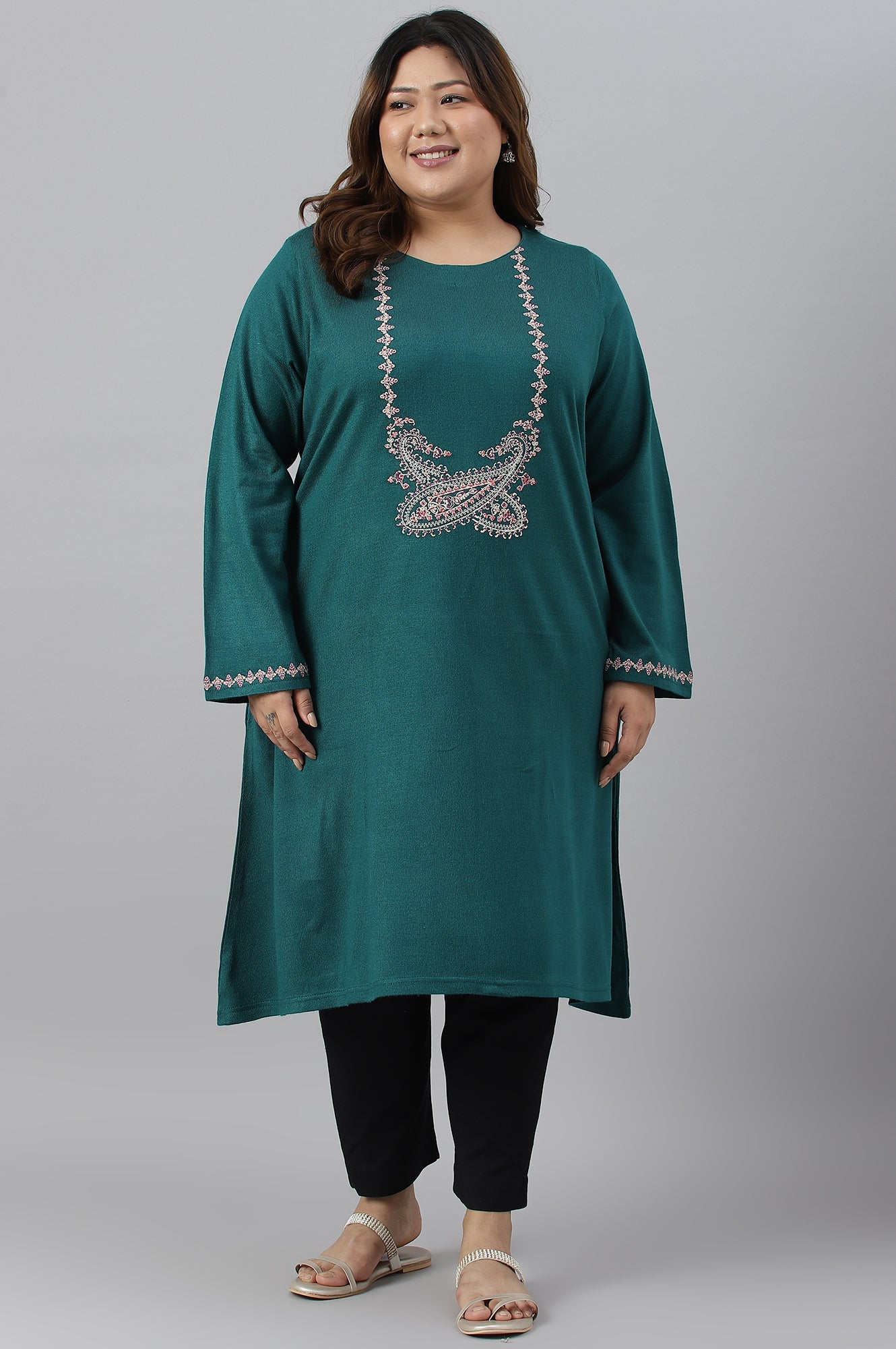 Green Light Festive Embroidered Plus Size Winter kurta