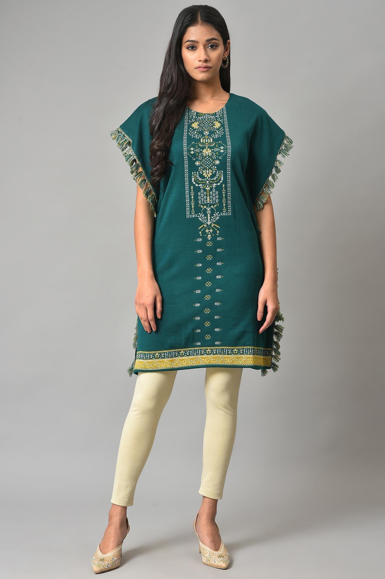 Green Jacquard Short Winter Kaftan kurta