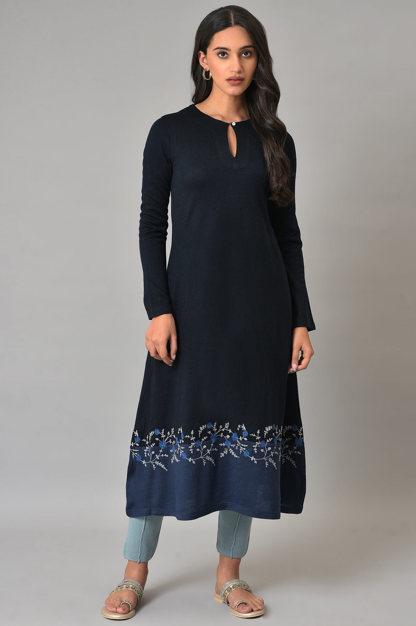 Dark Blue A-Line Colour Blocking Winter kurta