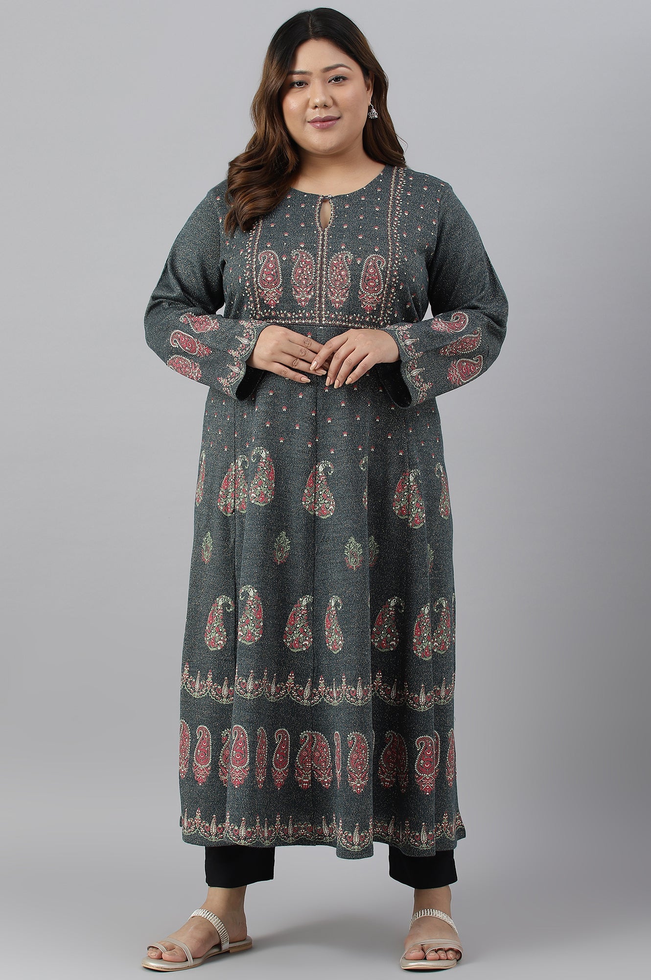 Teal Printed A-Line Plus Size Winter kurta