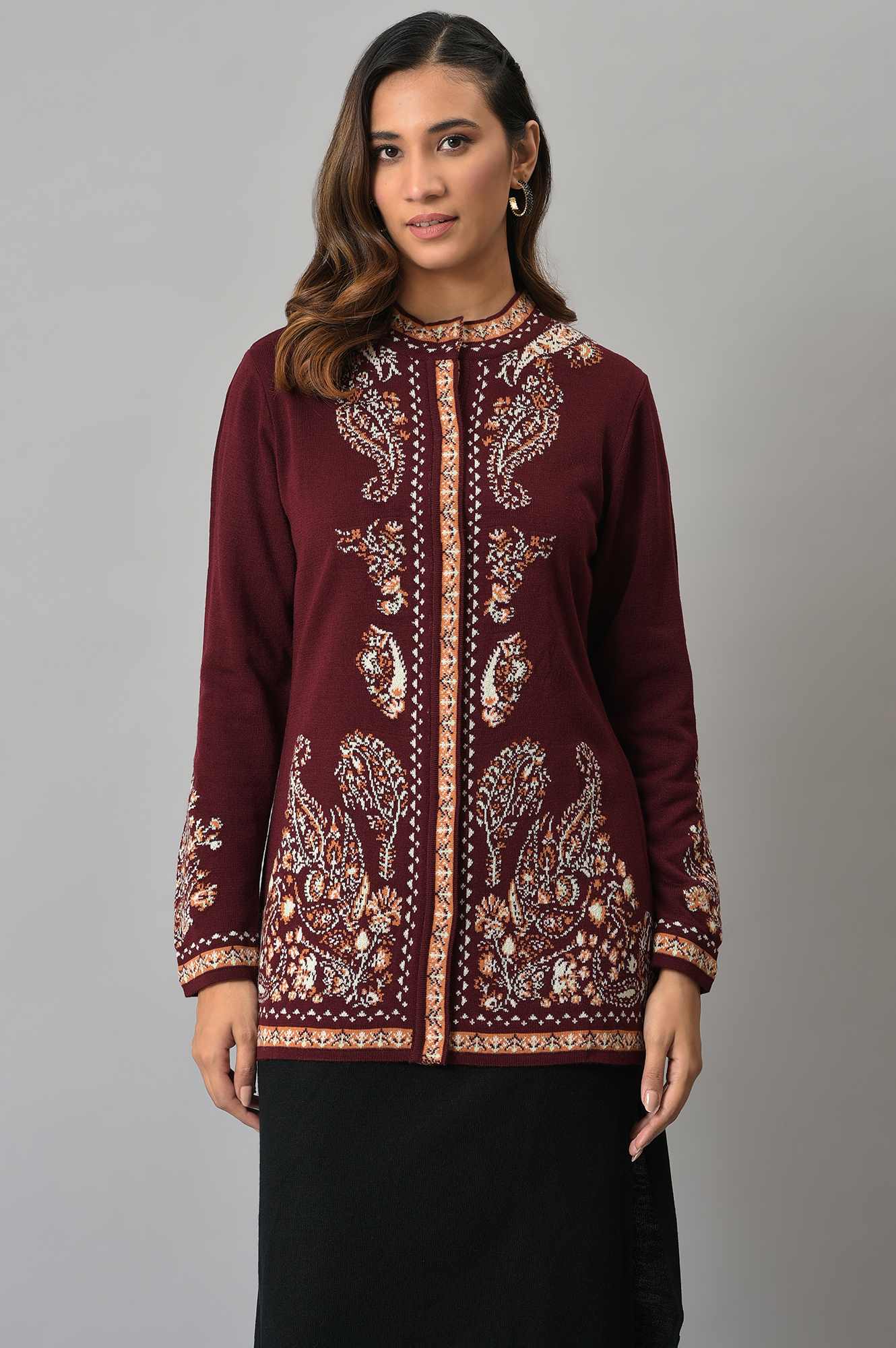 Wine Paisley Printed Short Cardigan