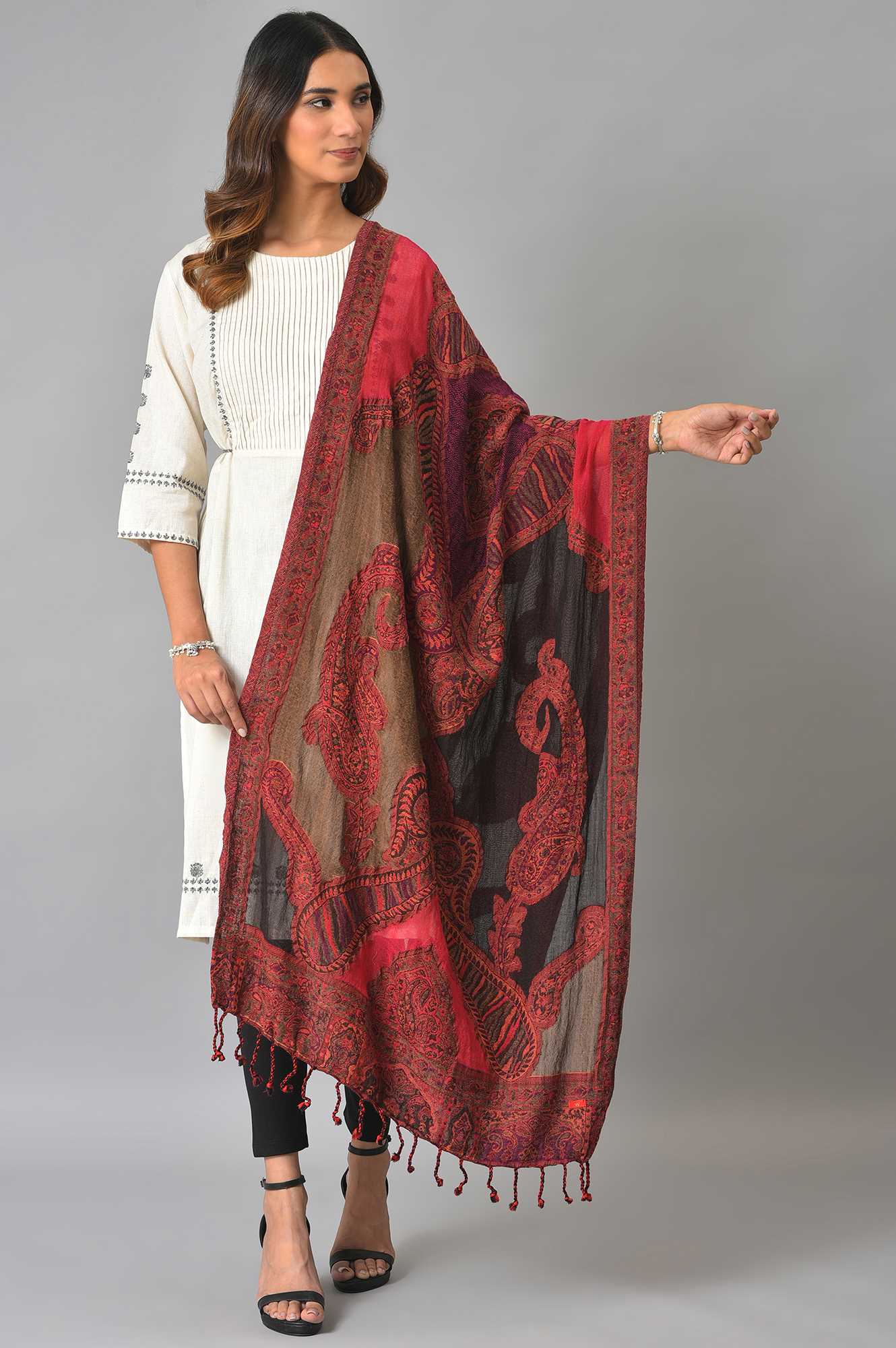 Red And Orange Jacquard Shawl