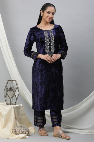 Blue Velvet Embellished Kurta & Palazzo Set