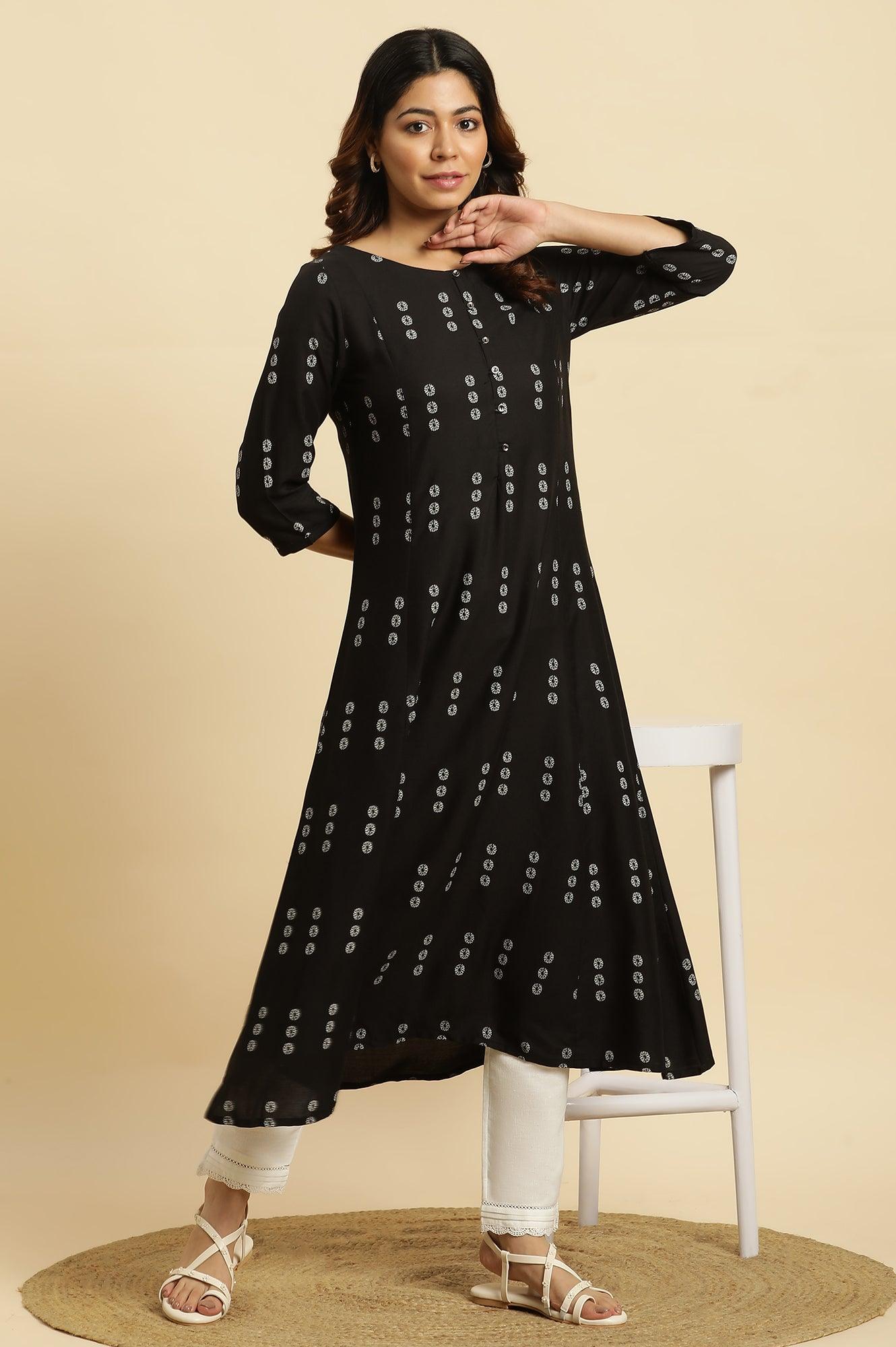 Black Floral Printed A-Line Kurta