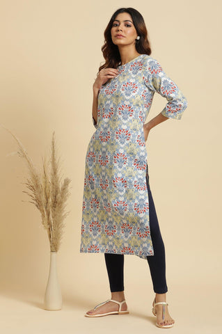 Light Blue Print Mix Rayon Kurta