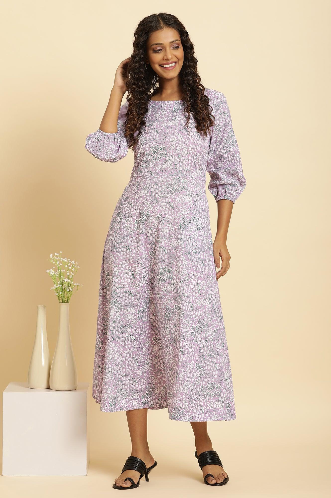Purple Floral Printed Flared Long Dress