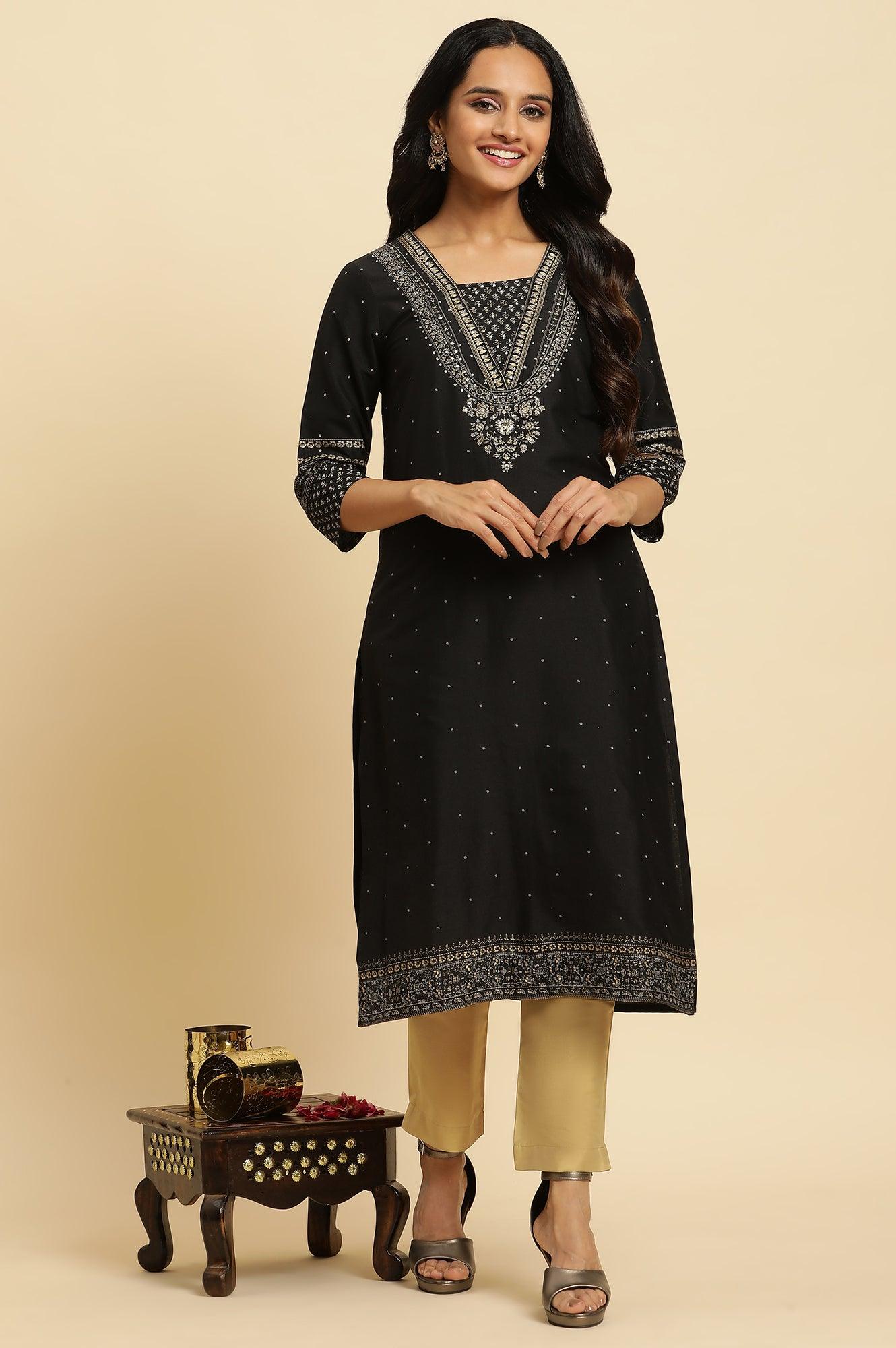 Black Embellished Straight Festive Kurta