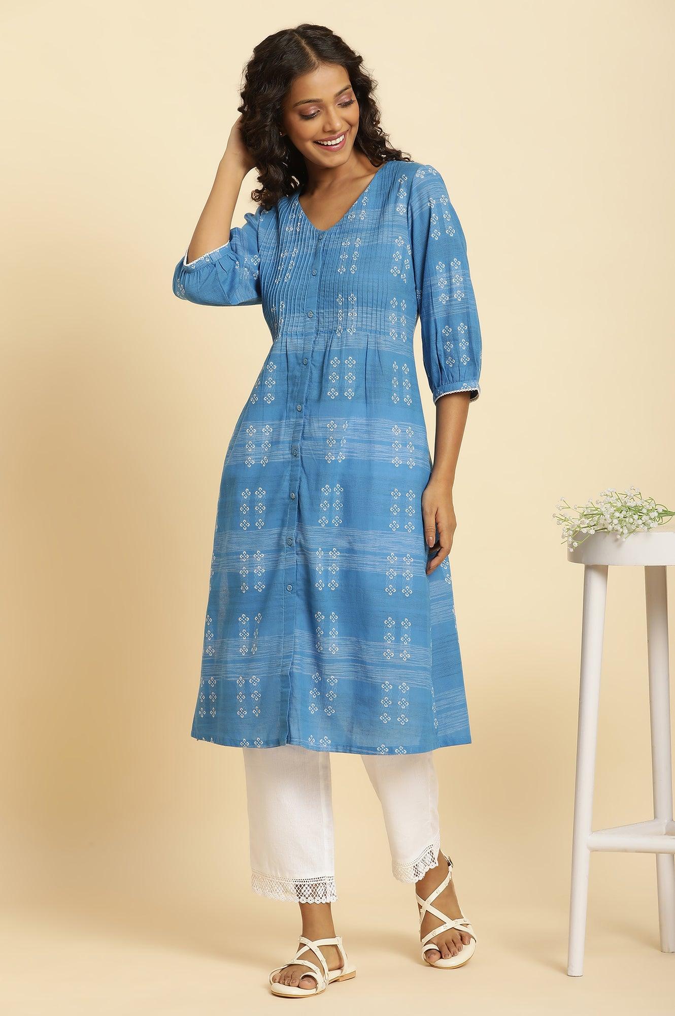 Blue Cotton Dobby A-Line Kurta