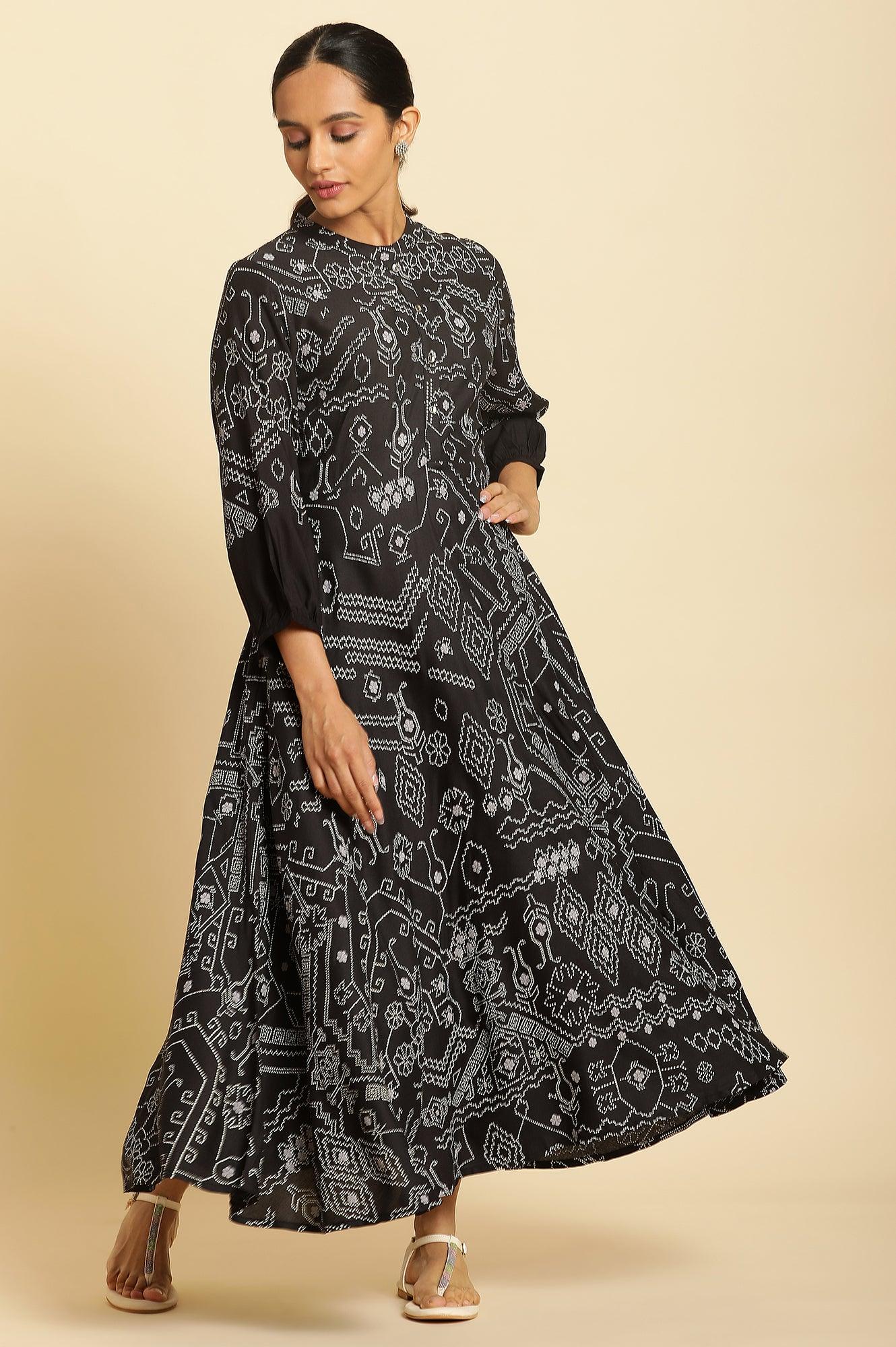 Black Bandhani Printed Flared Dress