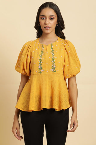 Yellow Peplum Top With Embroidered Yoke