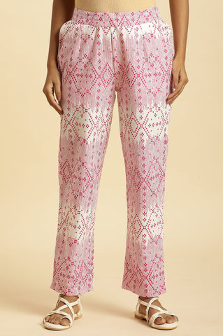 White Straight Pants With Pink Geometric Print