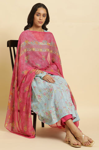 Pink Floral Printed Chiffon Dupatta