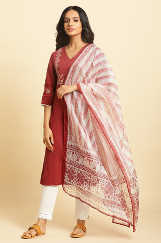 Ecru And Maroon Printed Kota Dupatta