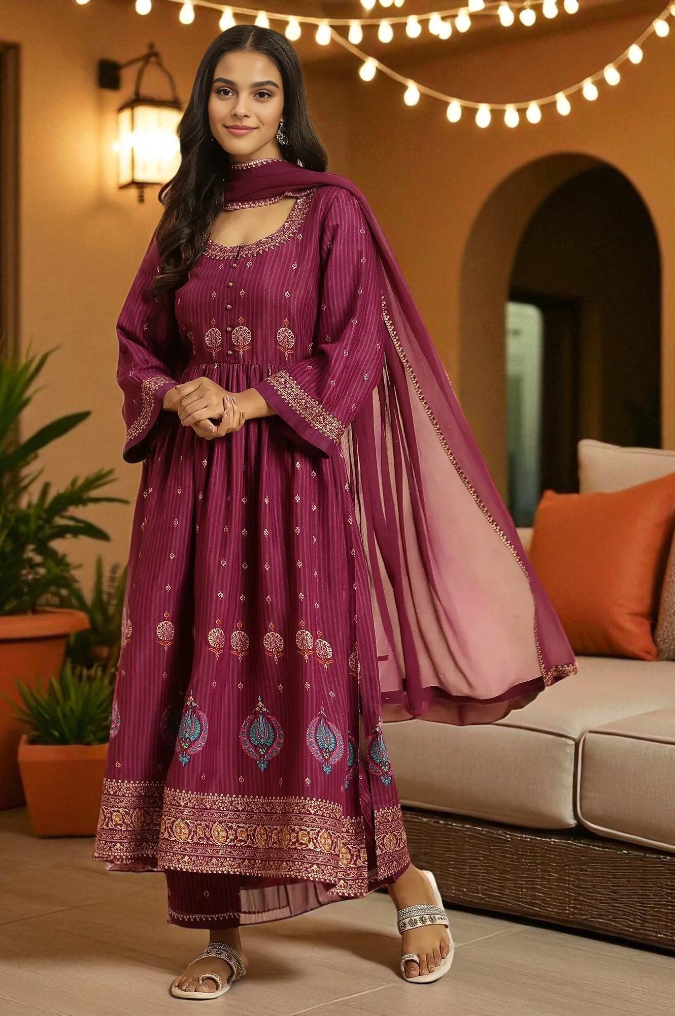 Purple Embellished Kurta, Pants And Dupatta Set