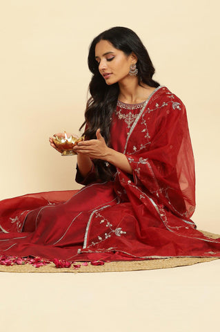 Dark Red Zari Embroidered Festive Kurta, Pant And Dupatta Set