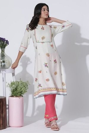 White Floral Printed Rayon Flax Kurta And Slim Pants Set