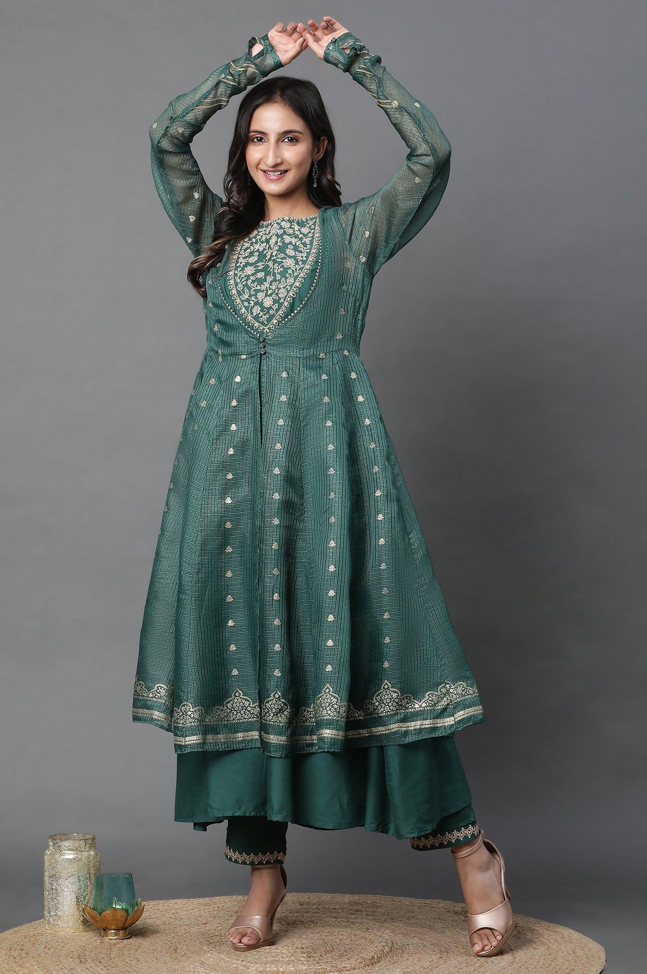 Green Layered Anakali Kurta And Slim Pant Set