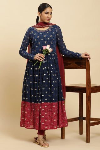 Blue Gathered Embroidered Kurta, Tights And Dupatta Festive Set