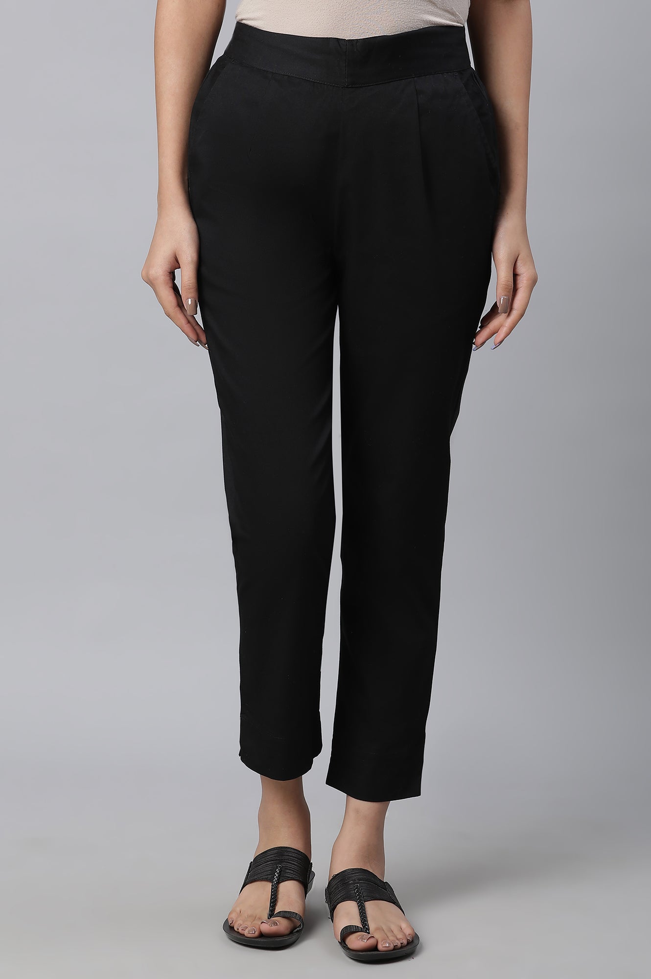 Black Solid Straight Fit Cotton Pants With Elasticated Waist