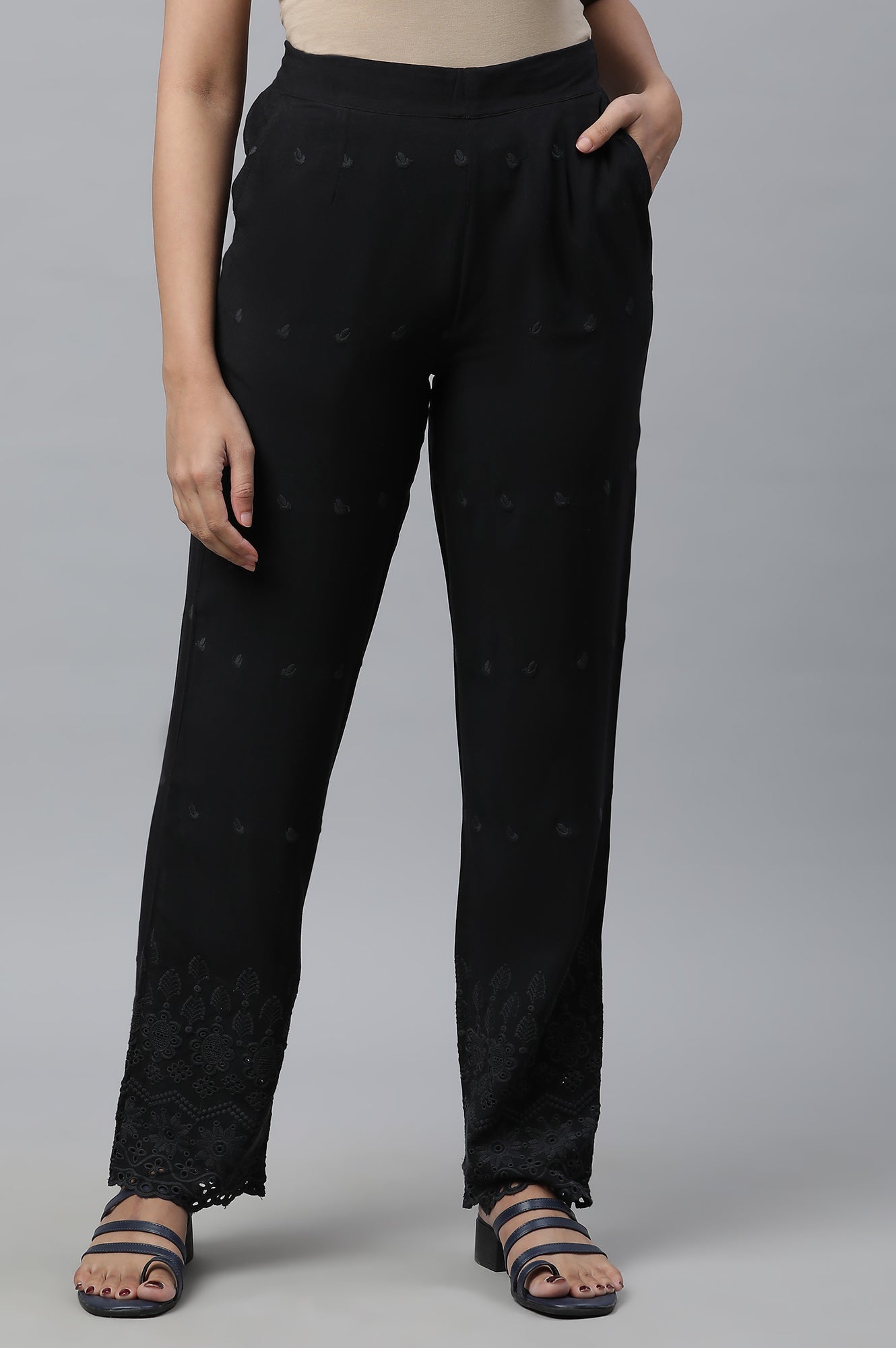 Black Schiffli Embroidered Straight Fit Woven Palazzo With Elasticated Waist