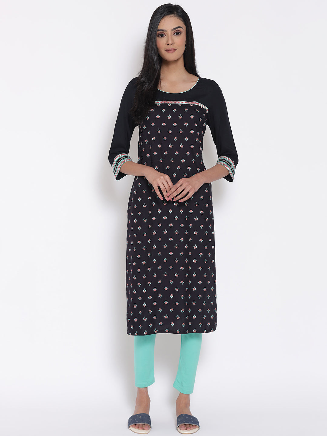 Black Printed LIVA Kurta & Tights