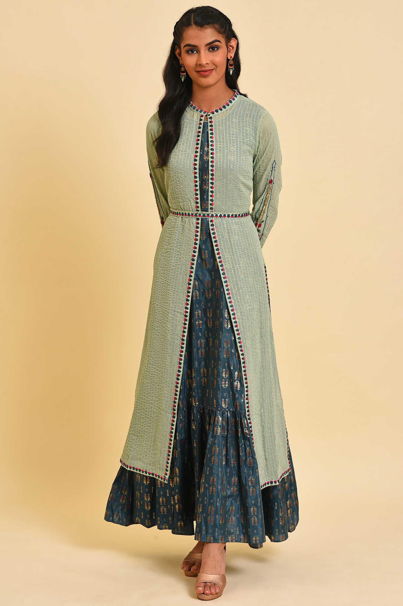 Green Embroidered Gillet & Tiered Dress Set