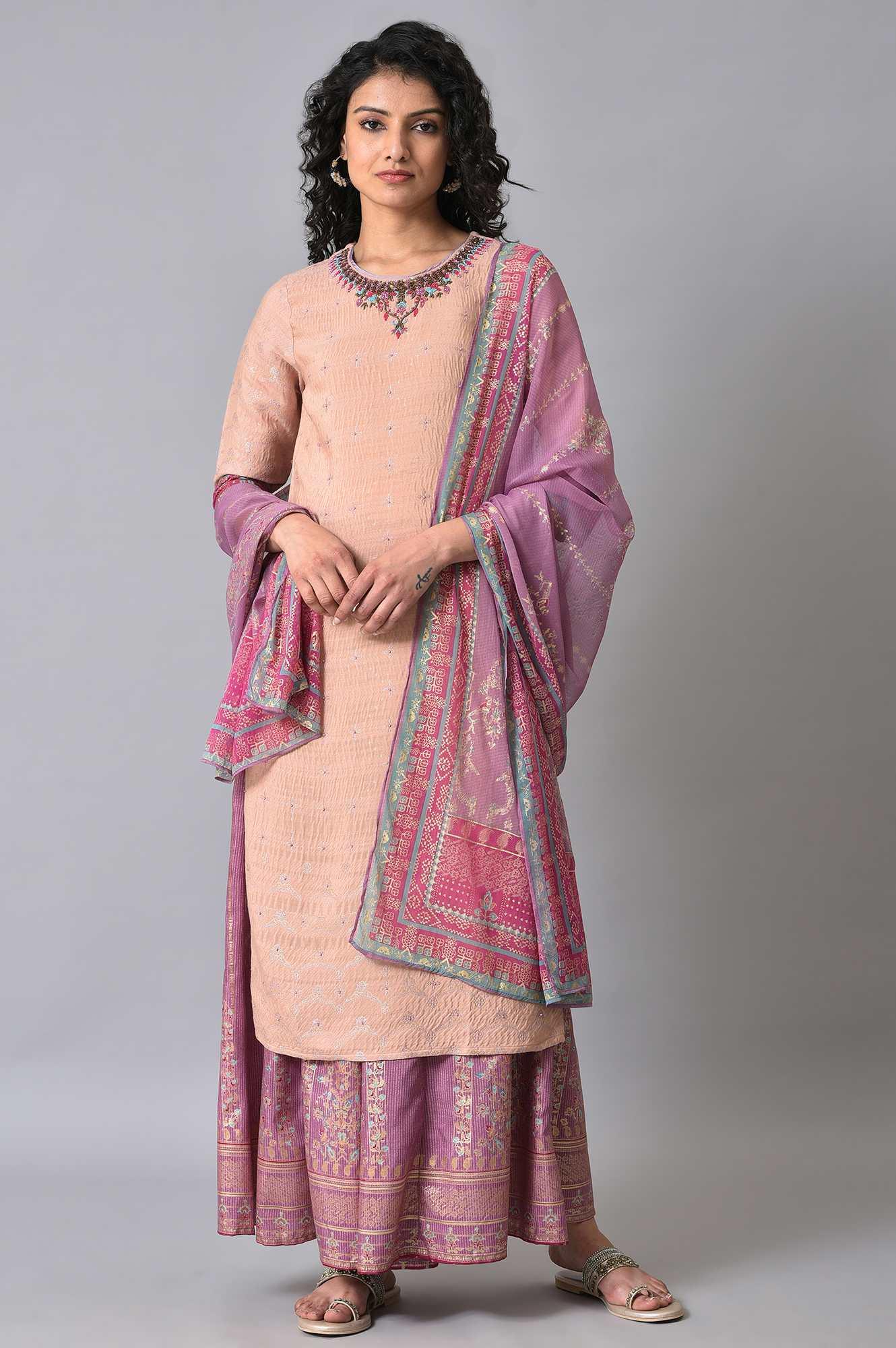 Peach Embroidered kurta With Sharara Set