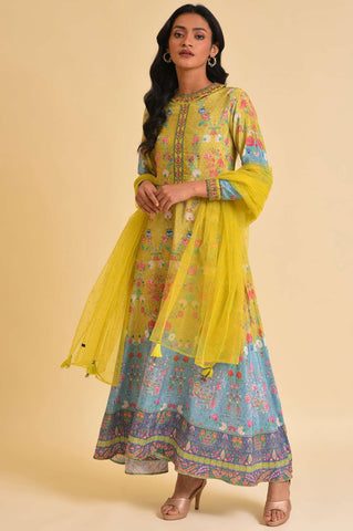 Lime Yellow Printed Long Dress & Dupatta Set