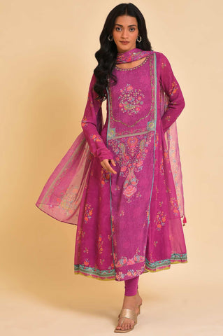 Dark Pink Sequined Anarkali kurta, Tights & Dupatta Set